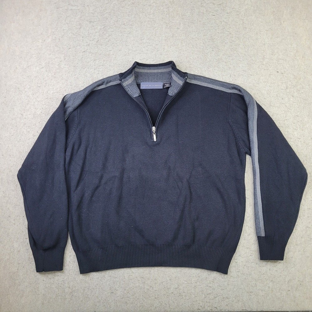 Oscar De La Renta 1/4 Zip Pullover Sweater Mens L‎ Gray Black Preppy Knit
